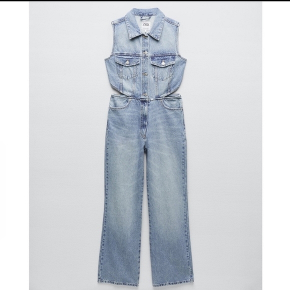 Zara Full Length Cut Out Denim Jumpsuit - Picture 6 of 9